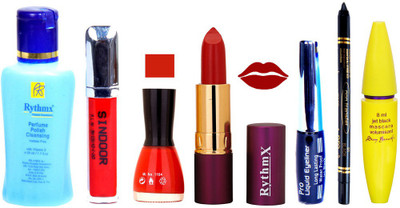 

Rythmx Lipstick ,Polish Remover, Sindoor, Nail Polish,EyeLiner,Black Kajal, Mascara, Makeup kit Combo 14068(Set of 7)