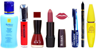 

Rythmx Purple Lipstick Maroon Nail Polish Remover Eye Liner Sindoor Pro Non Transfer Black Kajal Maskara Combo Kit 2834(Set of 7)