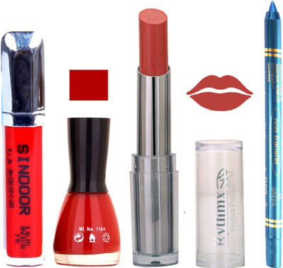 

Rythmx Lipstick Sindoor,Nail Polish,Turquois Blue Kajal Makeup Pack Combo 603(Set of 4)