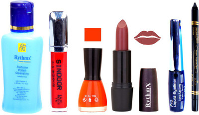 

Rythmx Gotch Brown Lipstick Orange Nail Polish Remover Eye Liner Sindoor Black Kajal Combo Kit 9811(Set of 6)