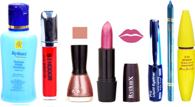 

Rythmx Shimmer Pink Lipstick Mazanta Pink Nail Polish Remover Black EyeLiner Sindoor Turquoise Blue Kajal Maskara 27(Set of 7)