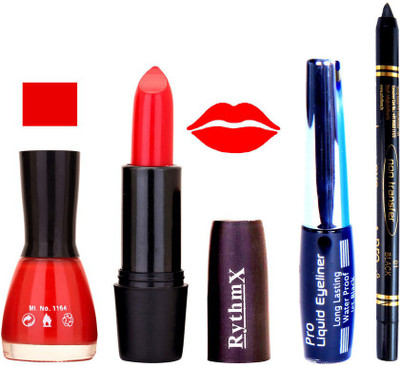 

Rythmx Glorious Red Nail Polish Orange Red Lipstick With Eyeliner and Pro Non Transfer Black Kajal 68104(Set of 4)