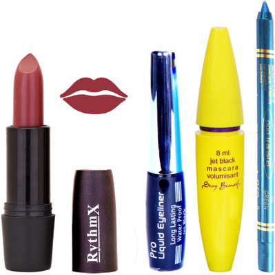 

Rythmx Biddent Time Brown Lipstick Bold Look Eyeliner Non Pro Transfer Turqoise Blue Kajal Jet Black Volumisant Mascara Kit 30336(Set of 4)