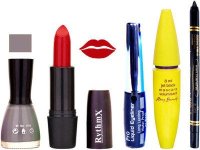 

Rythmx Red Lipstick Grey Nail Polish With Black EyeLiner Zed Black Kajal and Volumisant Express MasCara II(Set of 5)