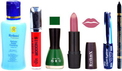 

Rythmx Royal Purple Lipstick Green Nail Polish Remover Eye Liner Sindoor Black Kajal Combo Kit 9848(Set of 6)