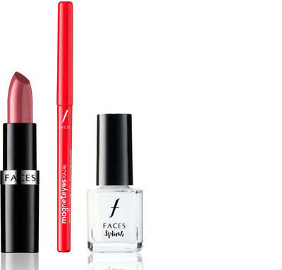 

Faces Go Chic Lipstick Petal Me Out+ Magneteyes Kajal+Splash Nail Enamel White O White(Set of 3)