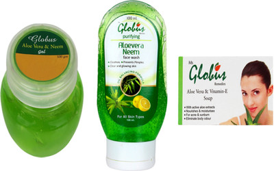 

Globus ALOEVERA FACE GEL, ALOE NEEM FACE WASH & ALOEVITAMIN E SOAP(Set of 3)