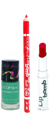

Color Fever Red Lip Bomb Lipstick + Lip Liner+Nail Polish Combo 240320173(Set of 3)