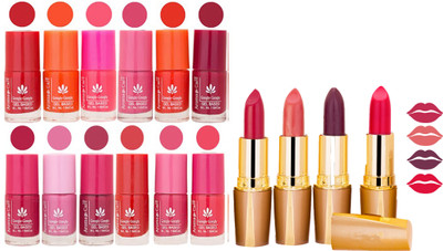 

Aroma Care 12 Piece Vibrant Color Nail Polish Combo Set With 4 Rythm Creamy Matte Lipstick Combo 107(Set of 16)