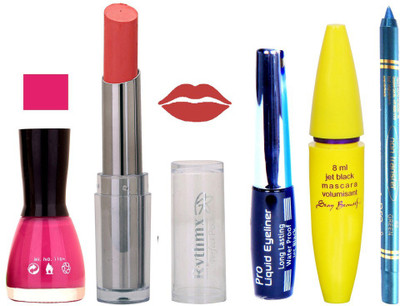 

Rythmx Intense Matte Peach Shade Lipstick, Voilet Purple Nail Polish,Black Eyeliner,Mascara, And Turquoise Blue Kajal 604(Set of 5)