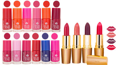 

Aroma Care 12 Piece Vibrant Color Nail Polish Combo Set With 4 Rythm Creamy Matte Lipstick Combo 106(Set of 16)