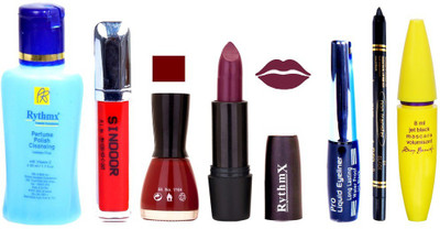 

Rythmx Jamuni Lipstick Maroon Nail Polish Remover Eye Liner Sindoor Black Kajal Maskara 54(Set of 7)