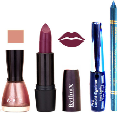 

Rythmx Shimmer Light Pink Nail Polish Dark jamini Shades Lipstick With Eyeliner and Pro Non Transfer Blue Kajal 580126(Set of 4)