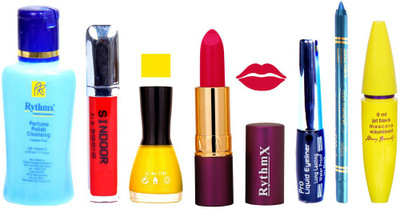 

Rythmx Lipstick ,Polish Remover, Sindoor, Nail Polish,EyeLiner,Turqoise Blue Kajal, Mascara, Makeup kit Combo 14004(Set of 7)