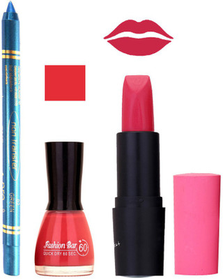

Fashion Bar Nail Polish , otg Lipstick , Turquoise Blue Kajal Combo135(Set of 3)