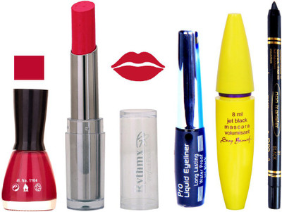 

Rythmx Intense Matte Royal Pink Shade Lipstick, Mauvish mazanta Nail Polish,Black Eyeliner,Mascara, And Stay On Black Kajal 7314(Set of 5)