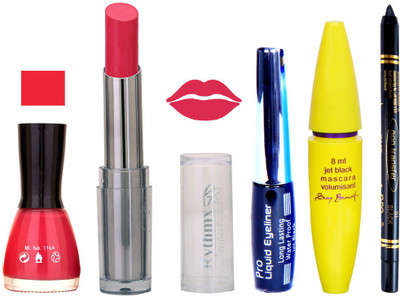 

Rythmx Intense Matte Hot Redish pink Shade Lipstick, Sheer Pink Nail Polish,Black Eyeliner,Mascara, And Stay On Black Kajal 7332(Set of 5)