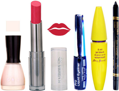 

Rythmx Intense Matte Redish Pink Shade Lipstick, White Nail Polish,Black Eyeliner,Mascara, And Stay On Black Kajal 7284(Set of 5)
