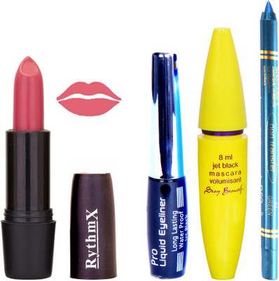 

Rythmx Light Pink Lipstick Bold Look Eyeliner Non Pro Transfer Turqoise Blue Kajal Jet Black Volumisant Mascara Kit 3090(Set of 4)