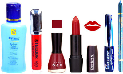 

Rythmx Red Lipstick Maroon Nail Polish Remover Eye Liner Sindoor Turquoise Blue Kajal Combo Kit 8893(Set of 6)