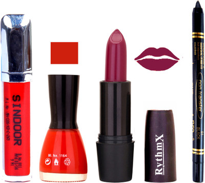 

Rythmx Mauve Lipstick Red Nail Polish Non Transfer Black kajal Sindoor 183(Set of 4)