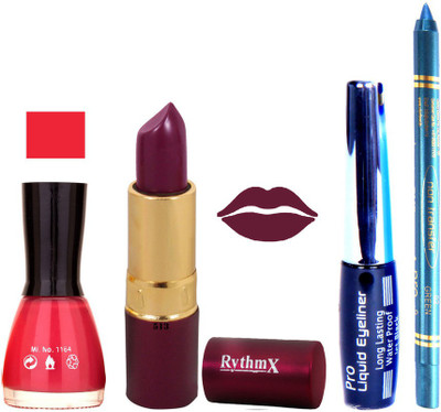 

Rythmx Neon Light Pink Nail Polish Dark Purple Lipstick With Eyeliner and Pro Non Transfer Blue Kajal 580138(Set of 4)