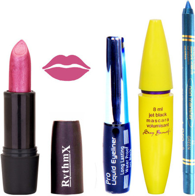 

Rythmx Shimmer Shiny Purple Lipstick Bold Look Eyeliner Non Pro Transfer Turqoise Blue Kajal Jet Black Volumisant Mascara Kit 30337(Set of 4)