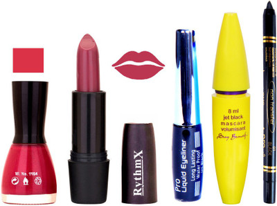 

Rythmx Pinkish Purple Lipstick Shimmer Pink Nail Polish With Black EyeLiner Zed Black Kajal and Volumisant Express MasCara GH(Set of 5)