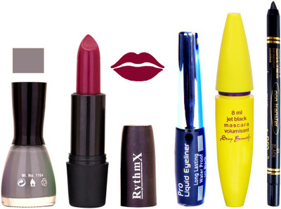 

Rythmx Mazanta Mauve LipstickGrey Nail Polish With Black EyeLiner Zed Black Kajal and Volumisant Express MasCara HH(Set of 5)