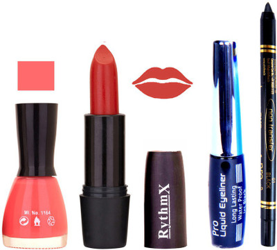 

Rythmx Baby Pink Nail PolishGlorious Red Lipstick With Eyeliner and Pro Non Transfer Black Kajal 68118(Set of 4)