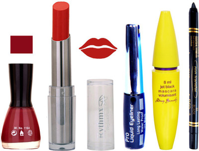 

Rythmx Intense Matte Pink Shade Lipstick, Nail Polish,Black Eyeliner,Mascara, And Stay On Black Kajal 7297(Set of 5)