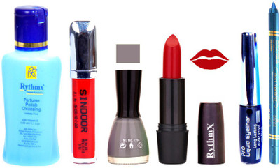 

Rythmx Red Lipstick Grey Nail Polish Remover Eye Liner Sindoor Turquoise Blue Kajal Combo Kit 8933(Set of 6)