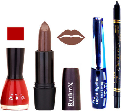 

Rythmx Bright Red Nail Polish Coffee Brown Lipstick With Eyeliner and Pro Non Transfer Black Kajal 68097(Set of 4)