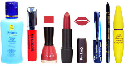 

Rythmx Bright Red Lipstick Neon Pink Nail Polish Remover Eye Liner Sindoor Pro Non Transfer Black Kajal Maskara Combo Kit 2842(Set of 7)