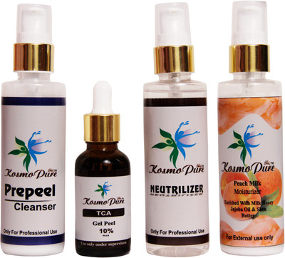 

kosmopure TCA PEEL + PREPEEL CLEANSER + NEUTRALIZER + PEACH MILK MOISTURIZER ( SET OF 4 ) HOME USE KIT.(Set of 4)