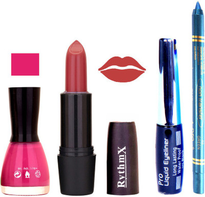

Rythmx Voilet Purple Nail Polish Gajri Shades Lipstick With Eyeliner and Pro Non Transfer Blue Kajal 580110(Set of 4)