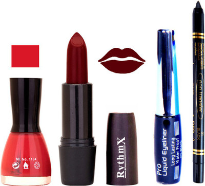 

Rythmx Neon Pink Nail Polish Maroon Lipstick With Eyeliner and Pro Non Transfer Black Kajal 68097(Set of 4)