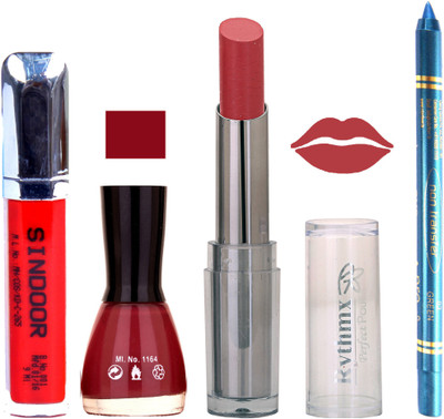 

Rythmx Lipstick Sindoor,Nail Polish,Turquois Blue Kajal Makeup Pack Combo 606(Set of 4)