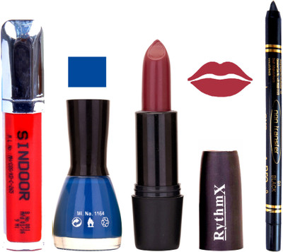 

Rythmx Mauve Lipstick Blue Nail Polish Non Transfer Black kajal Sindoor 181(Set of 4)