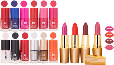 

Aroma Care 12 Piece Vibrant Color Nail Polish Combo Set With 4 Rythm Creamy Matte Lipstick Combo 169(Set of 16)