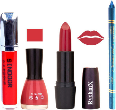 

Rythmx Bright Red Lipstick Pink Shade Nail Polish Sindoor and Non Pro Transfer Turquoise Blue Kajal Combo kit 9947(Set of 4)