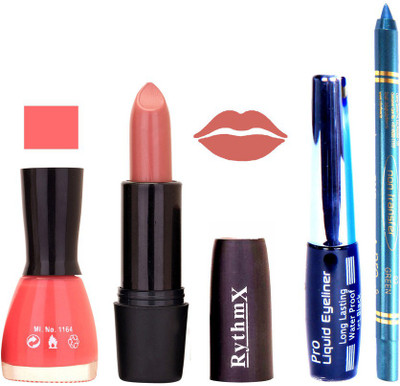 

Rythmx Baby Pink Nail Polish Peach Lipstick With Eyeliner and Pro Non Transfer Blue Kajal 580150(Set of 4)