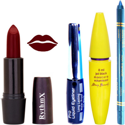 

Rythmx Maroon Lipstick Bold Look Eyeliner Non Pro Transfer Turqoise Blue Kajal Jet Black Volumisant Mascara Kit 30302(Set of 4)