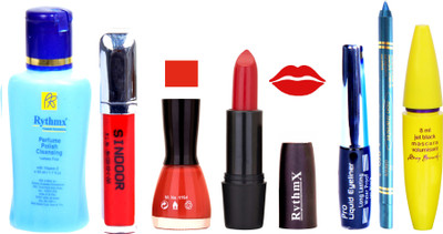 

Rythmx Redish Orange Lipstick Orangey Brown Nail Polish Remover Eye Liner Sindoor Pro Non Transfer Turquoise Blue Kajal Maskara Color Bomb Kit 1833(Set of 7)