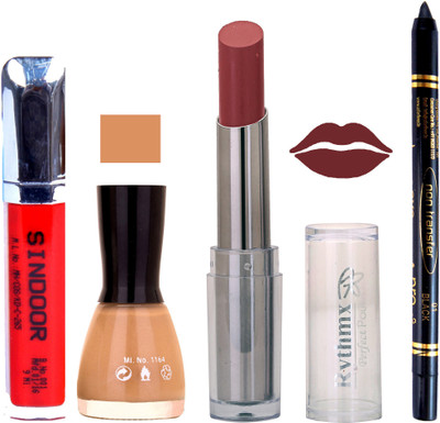 

Rythmx Lipstick Sindoor,Nail Polish,Black Kajal Makeup Pack Combo 619(Set of 4)