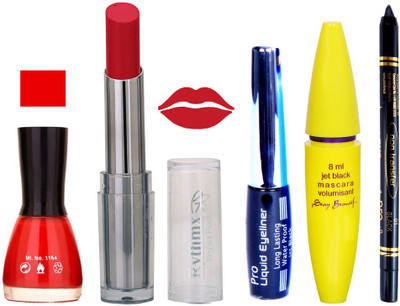 

Rythmx Intense Matte Redish Shade Lipstick, Orange Nail Polish,Black Eyeliner,Mascara, And Stay On Black Kajal 7313(Set of 5)