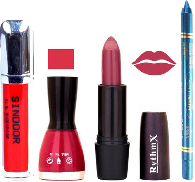 

Rythmx Pinkish Purple Lipstick Plumi Pink Shade Nail Polish Sindoor and Non Pro Transfer Turquoise Blue Kajal Combo kit 9936(Set of 4)