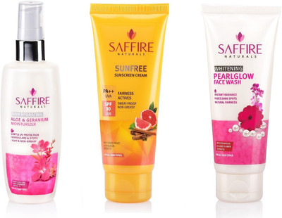 Flipkart - Saffire Daily FairCare Combo B-Pearlglow Whitening Face Wash + Sunfree SPF 30 Sunscreen Cream + AloeGeranium Moisturizer (Set of 3)(Set of 3)