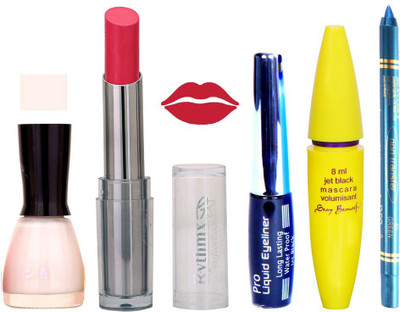 

Rythmx Intense Matte Redish Pink Shade Lipstick, White Nail Polish,Black Eyeliner,Mascara, And Turquoise Blue Kajal 584(Set of 5)