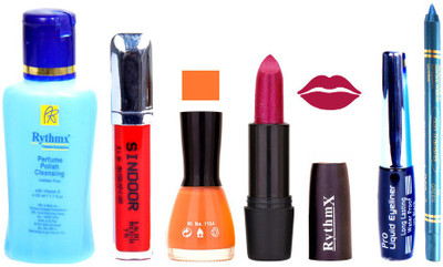 

Rythmx Shimmer Mazanta Lipstick Peach Nail Polish Remover Eye Liner Sindoor Turquoise Blue Kajal Combo Kit 8934(Set of 6)